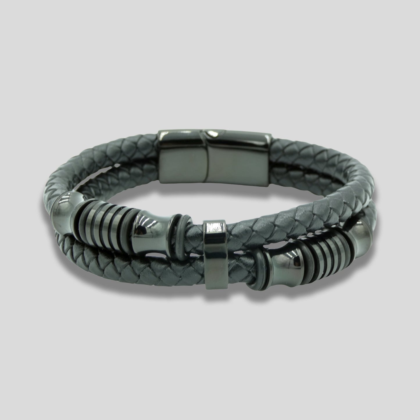 Black Leather Braided Bracelet with Black Charms