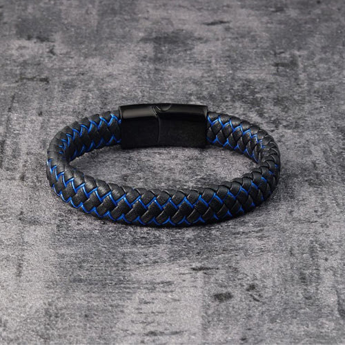 Blue & Black Braided Leather Bracelet