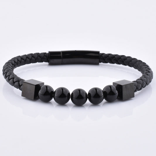 Leather Braided Black Onyx Mens Bracelet