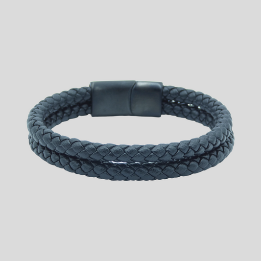 Classic Black Mens Double Leather Bracelet