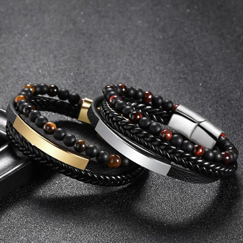Black Agate & Tiger Eye Multi Bracelet - Silver